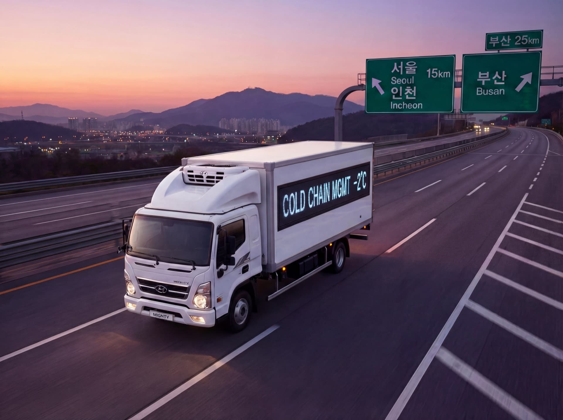 냉동 탑차가 고속도로를 달리는 수송 장면